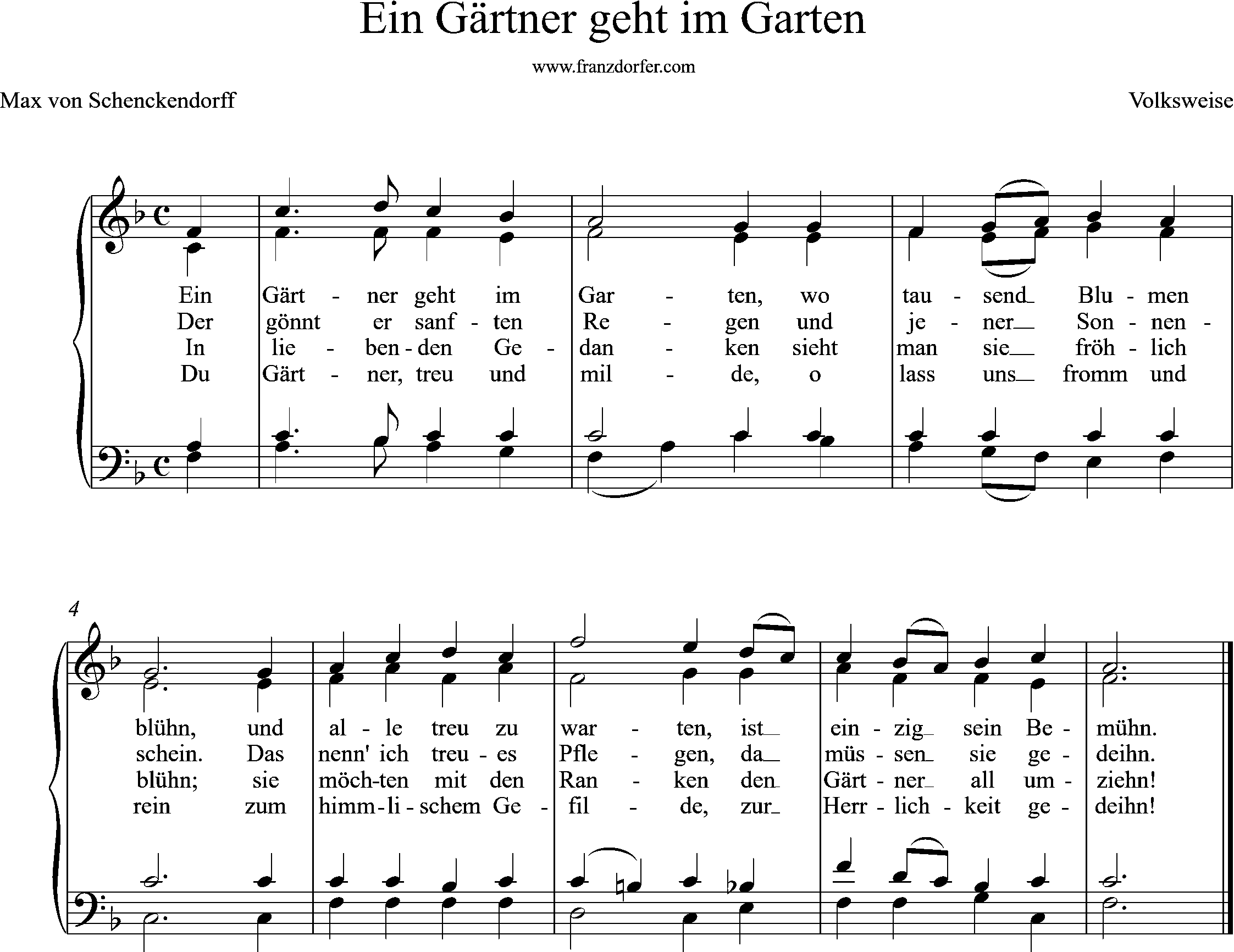 4stimmiger Satz, Chor-, Orgelnoten, Ein Gärtner geht im Garten